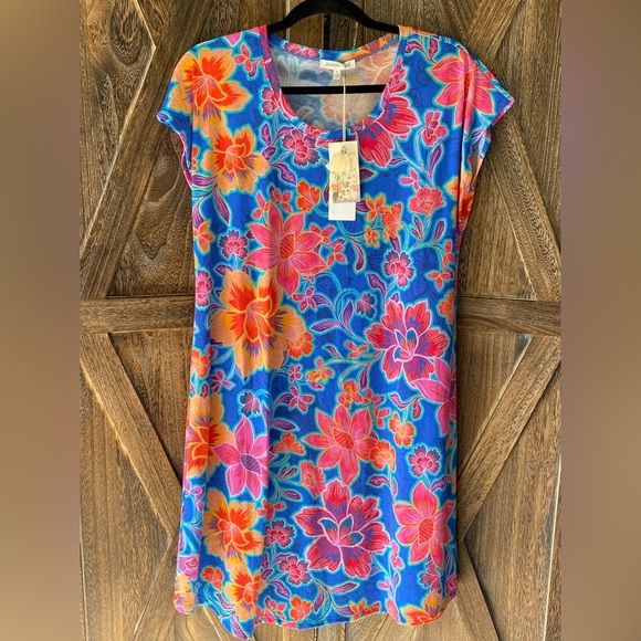 JOHNNY WAS Daniela Jersey Knit Cap Sleeve Round Neck Floral Printed Dress - Picture 3 of 11